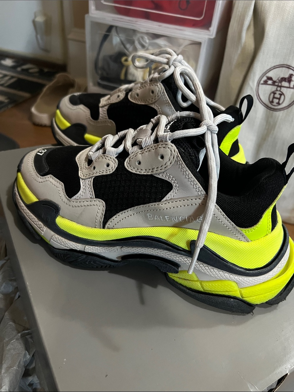 Balenciaga Woman’s Triple S Sneaker in Black, Beige & Neon Yellow